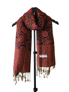 Pashmina Red Black Paisley Scarf Shawl Versatile Wrap Fringe Boho Rectangular